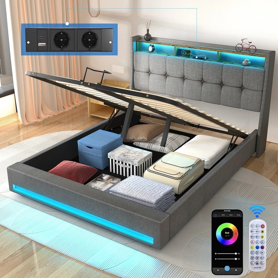 OYAJIA Letto imbottito LED matrimoniale con base di ricarica con testiera struttura letto contenitore