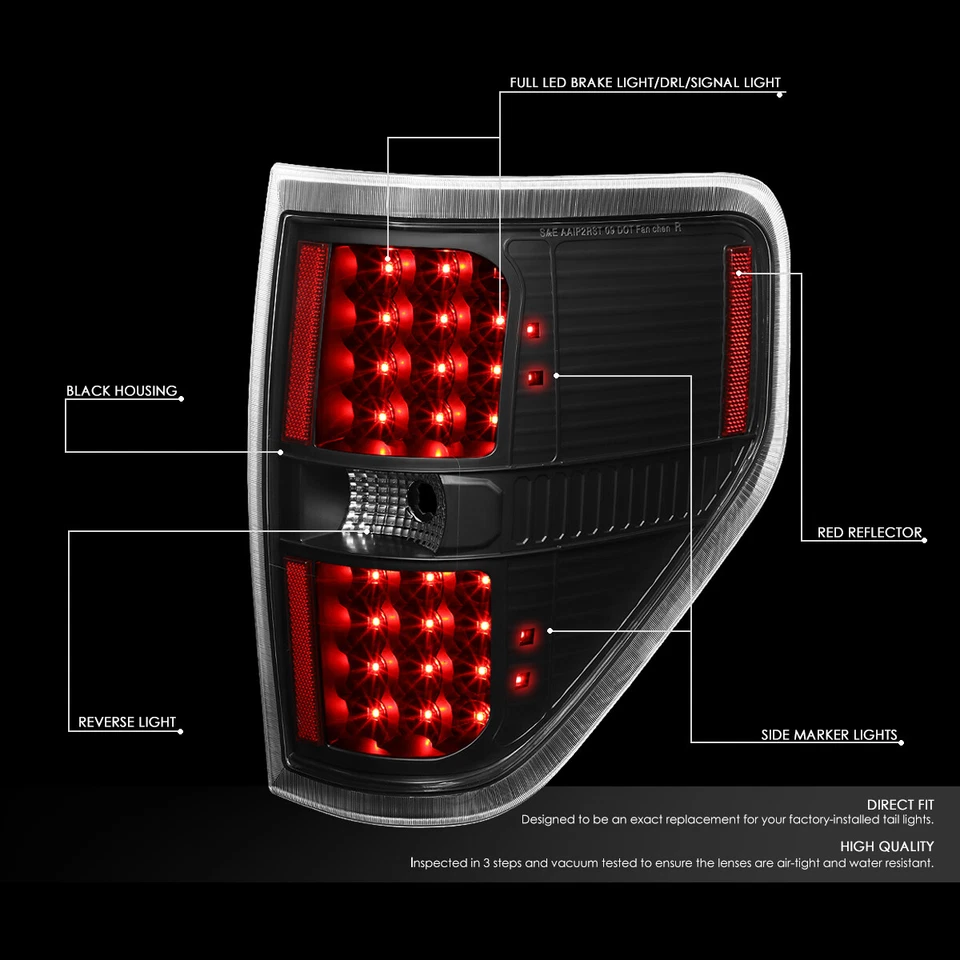 FOR 2009-2014 FORD F150 PAIR FULL LED TAIL LIGHT REAR BRAKE LAMPS(BLACK/CLEAR) - Image 2 of 4