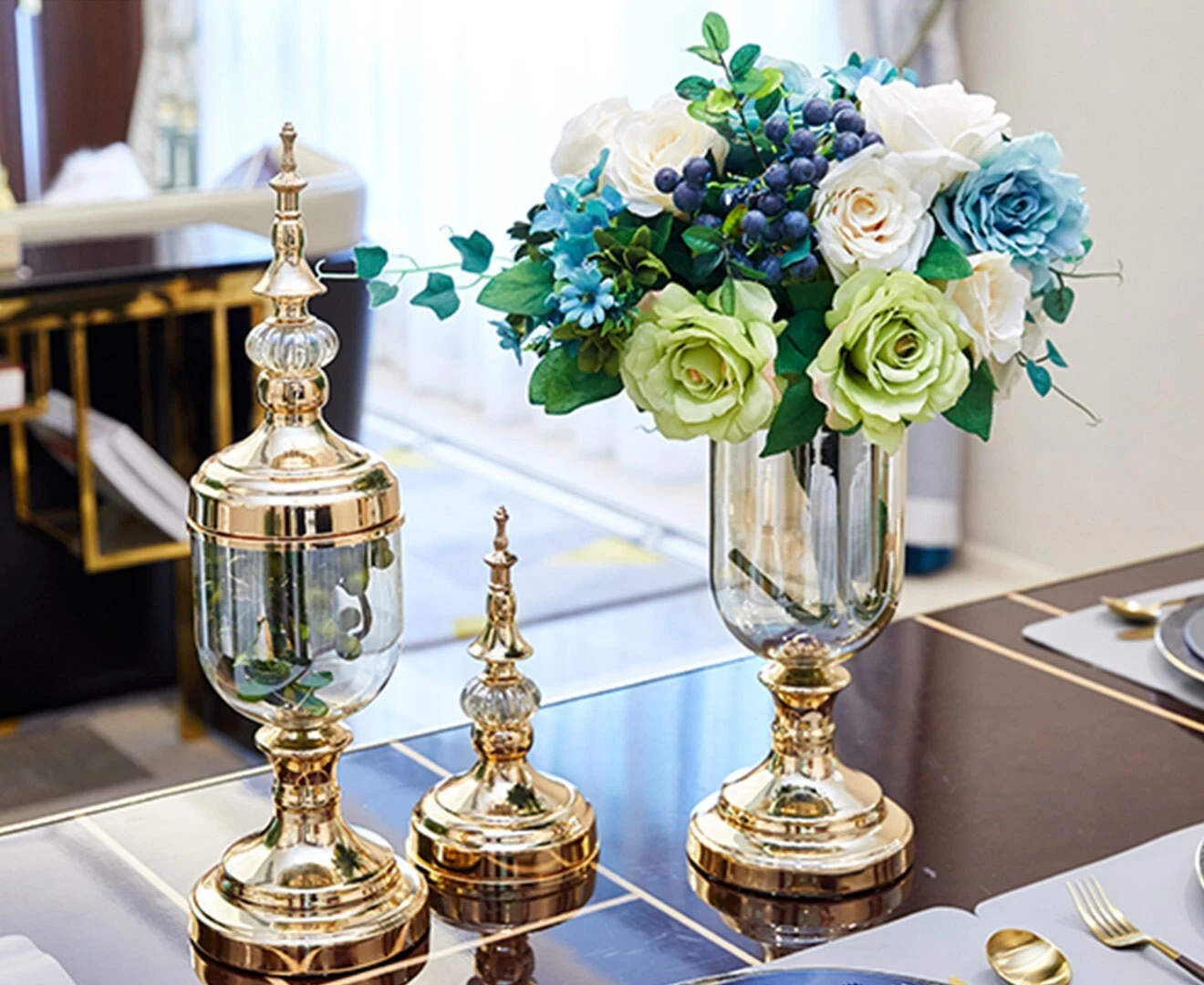 NNEAGS 2X Clear Glass Flower Vase with Lid and Transparent Filler Vase Bronze