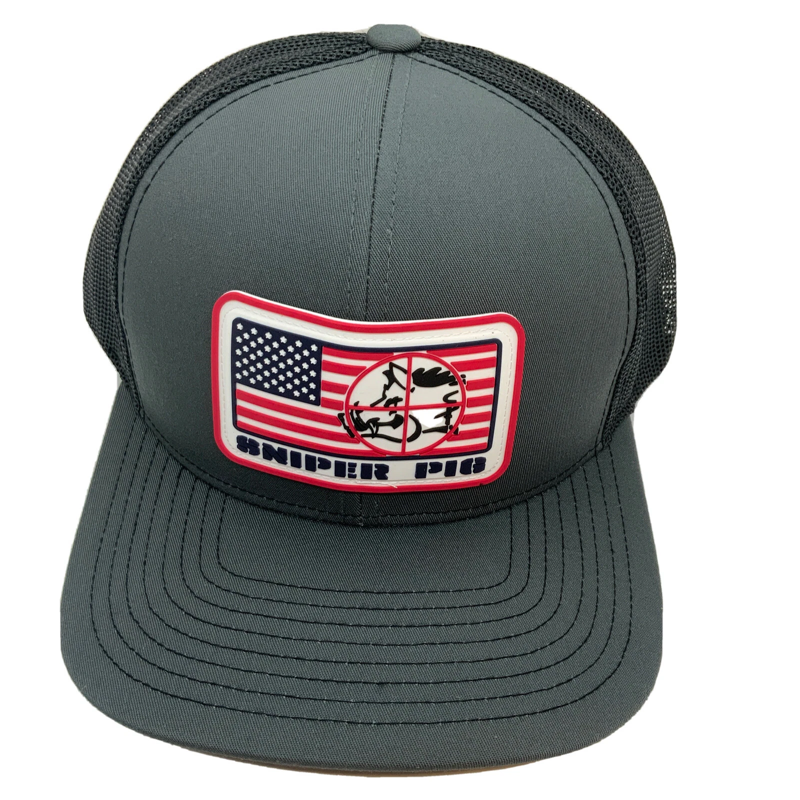 Sniper Pig American Flag Gray With Black Mesh Snapback Trucker Patch Cap OSFA