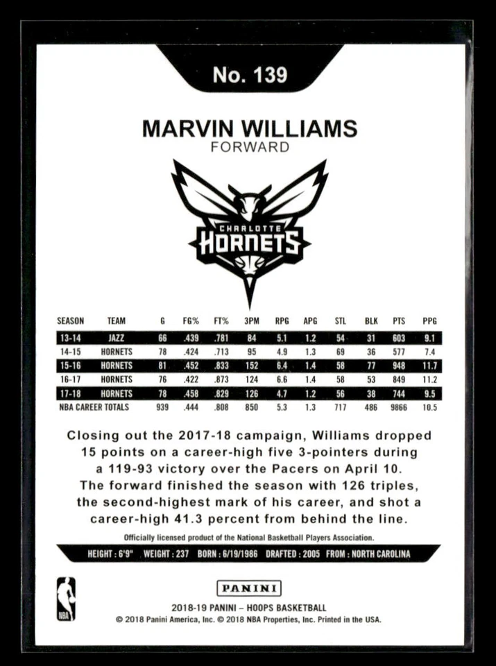 Marvin Williams 2018-19 Hoops #139 Gold /10 Charlotte Hornets - Image 2 of 2