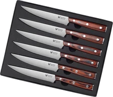 Set of 6 Steak Knives - Sturdy Full Tang Wood Handle, Fine Serrated Sharp Edge f