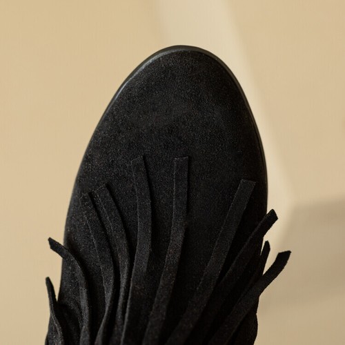 Women's Vintage Suede Tassel Boots Block Heels Zipper Double Fringe Boots 35-52 - Picture 10 of 20