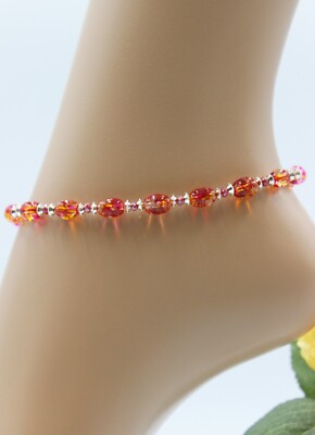 Glass Jewels XXL Silver Anklet Beach Pearls Red Orange #J052