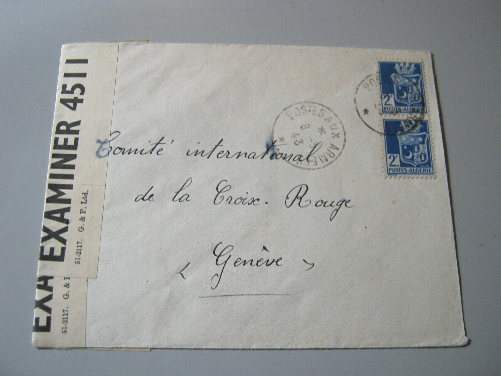 ALGERIA 1943 COVER with VERTICAL PAIR of SG 198 to RED CROSS, GE
