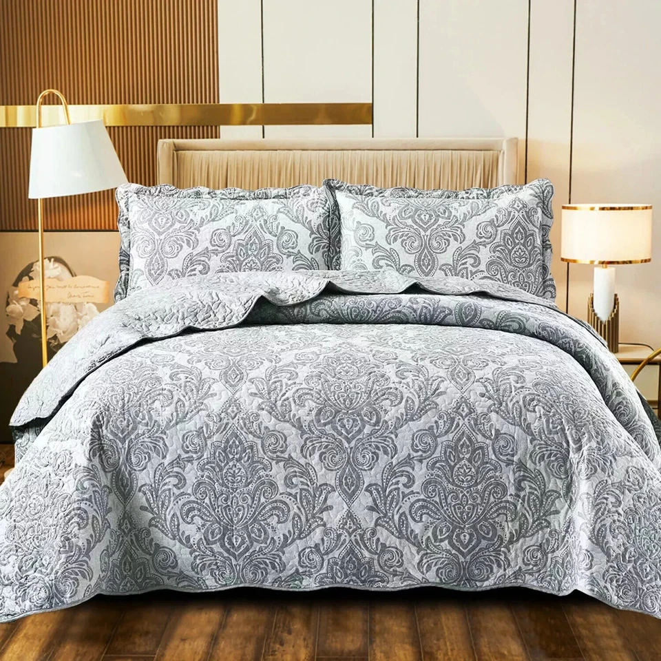 3 Piece Quilted Bedspread Patchwork Bedding Set Single Double King Size Throw - Image 3 of 4