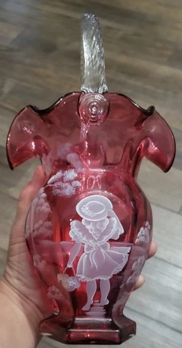 Fenton Mary Gregory Collection Cranberry Glass Tall Basket Hand Painted Numbered