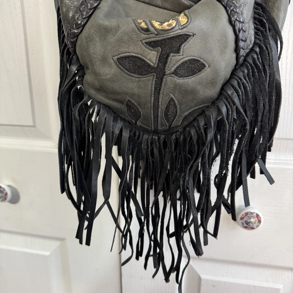 Bolso de Hombro Hobo Y2K De Colección Cuero Negro Flecos Rosa Recorte Grunge Años 90 Moto Foto 2 de 4