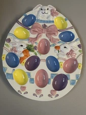 Vtg Ceramic Porcelain Pastel Colored 12 Easter Egg Deviled Egg Bunny Platter
