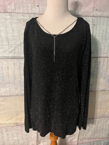 Top MICHAEL Michael Kors nero manica lunga argento collo catena scintillante taglia L nuovo con etichette