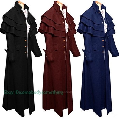 Victorian Style Mens Long Trench Cape Cloak Costume Jackets Medieval Frock Coat