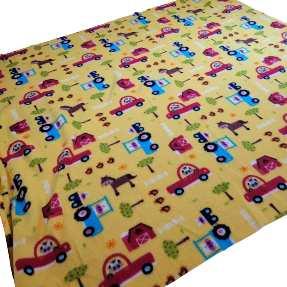 Fleece Fabric 36x43" Farm Trucks Barn Animals Tractors Yellow Sewing Piece - Image 3 of 4