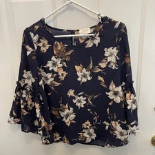 Sienna Sky Navy Floral Ruffle Sleeve Back Keyhole Blouse Womens S Fairy