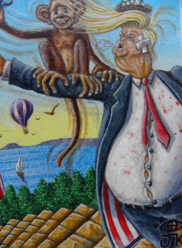 KALIHER Free beer for all DONALD TRUMP Kamala monkey on back USA OLIO TELA 20x20 - Foto 14 di 22