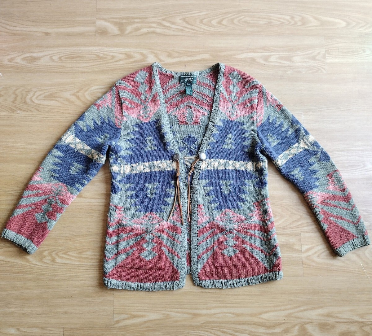 トップス LAUREN RALPH LAUREN linen native sweater Vtg Ralph Lauren Hand knit Sweater Cardigan Coat Linen