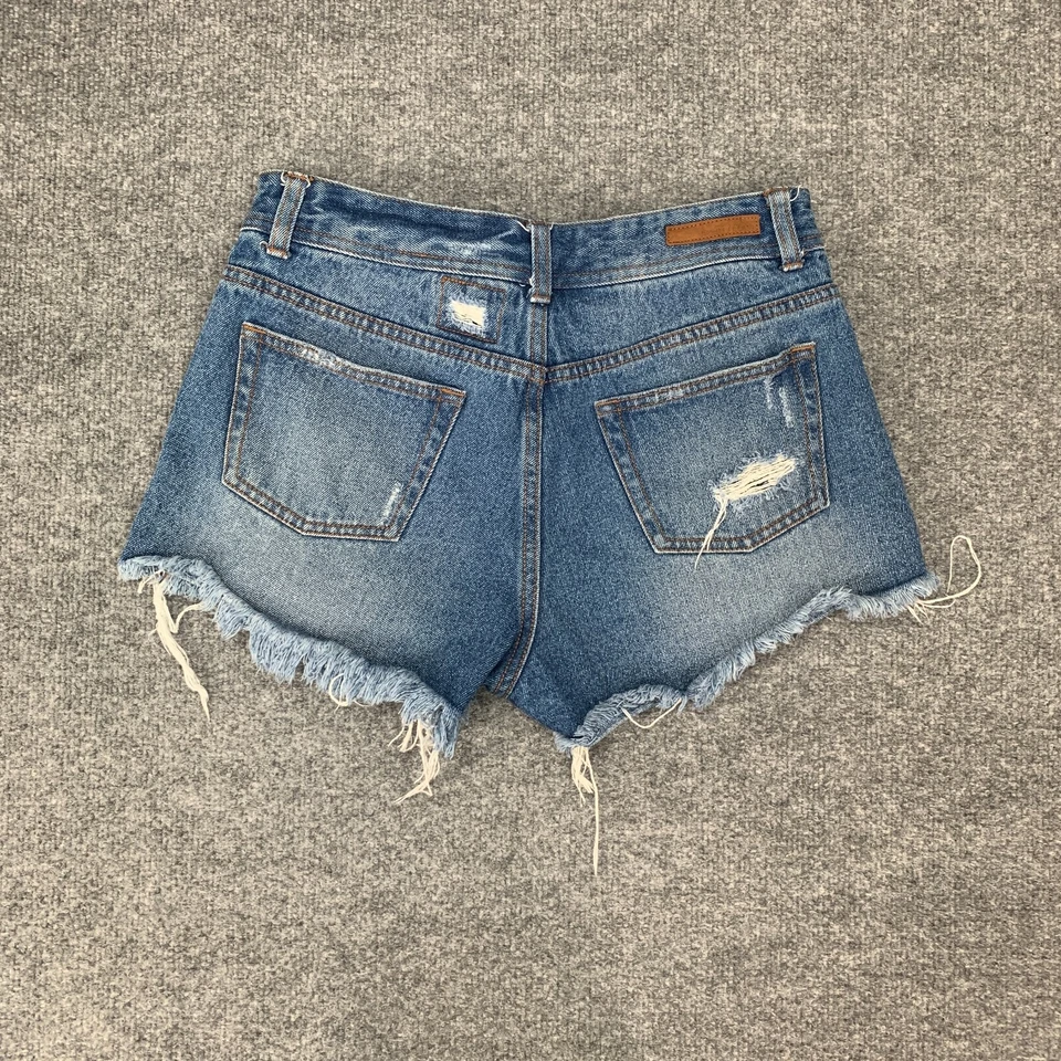 Pantalones Cortos Billabong Para Mujer 28 Azul Algodón Envejecido Flecos Bolsillos Dobladillo Crudo Foto 3 de 4