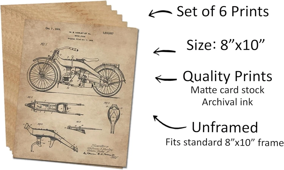 Motorcycle Bikers Lovers Patent Print Set 6 Vintage Art Prints Harley Davidson - Image 3 of 4