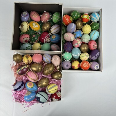 57 vintage Hand-blown real eggs jeweled, flowers, raised painted