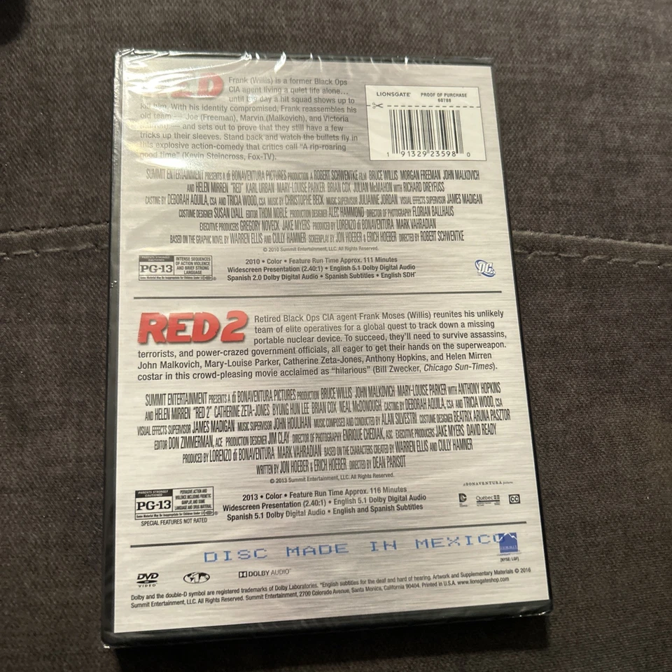 RED/RED 2 DVD 2016 Widescreen Bruce Willis John Malkovich Morgan PG-13 Action - Image 2 of 2