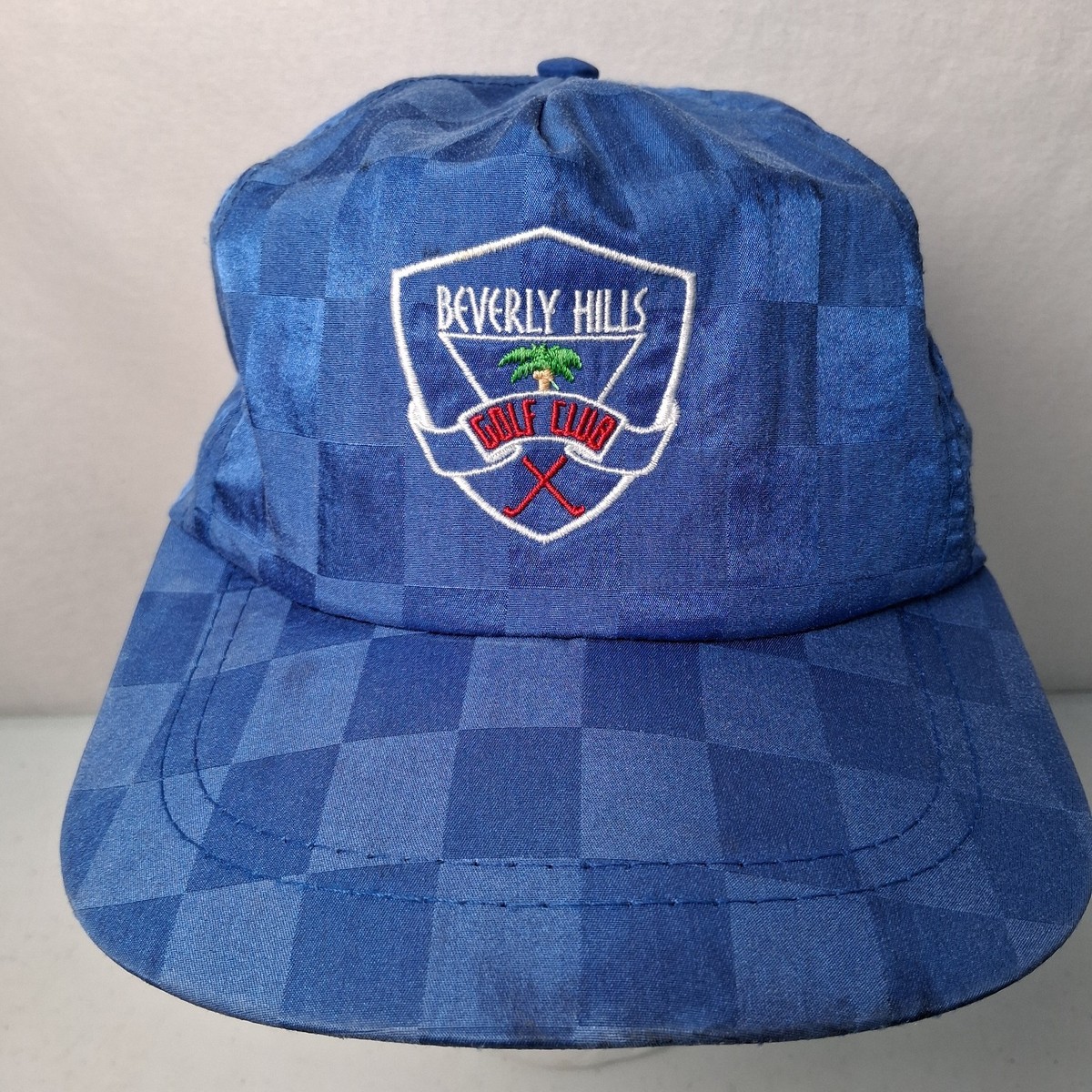 Vintage 1990s Beverly Hills Golf Club Cap Hat Blue Checkered 