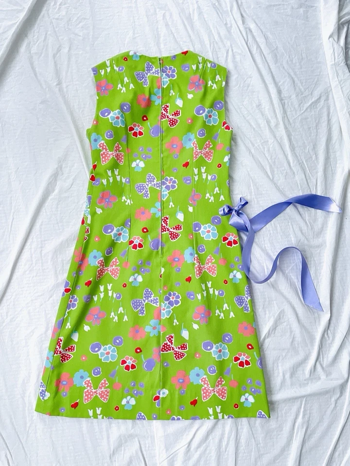 Vintage 1960s Green Retro Psychedelic Floral Bows Ribbon Mini Dress Mod Scooter - Image 3 of 4