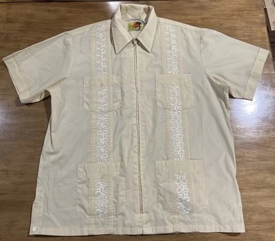 Haband Guayabera Cuban Shirt Mens Large Relaxed Fit Yellow Embroidered Zip Up - Image 1 of 4
