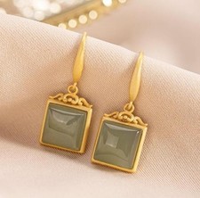 Green Jade Earrings 18K Gold Plated Square Earhook Women's Jewelry
