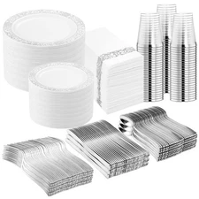 LIYH 700 Pcs Silver Plastic Dinnerware Set for 100 Guests - Plastic Plates fo...