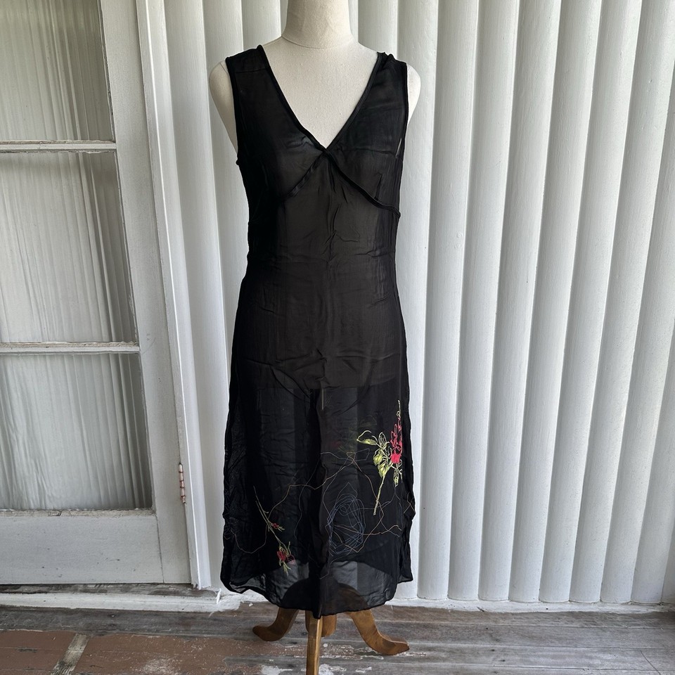 Veronika Maine Womens 10 Black Sheer Sexy V-neck Midi Slip Floral Rose *Flawed*