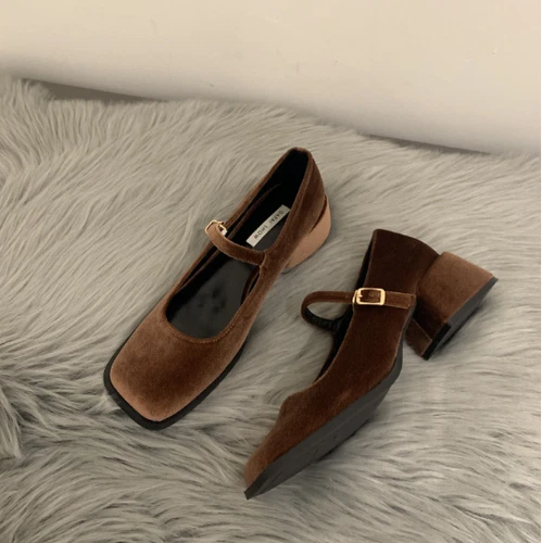Mujer Mary Jane Informal Puntera Cuadrada Zapatos Retro Terciopelo Cómodos Tacones Medianos Bloque - Imagen 17 de 17