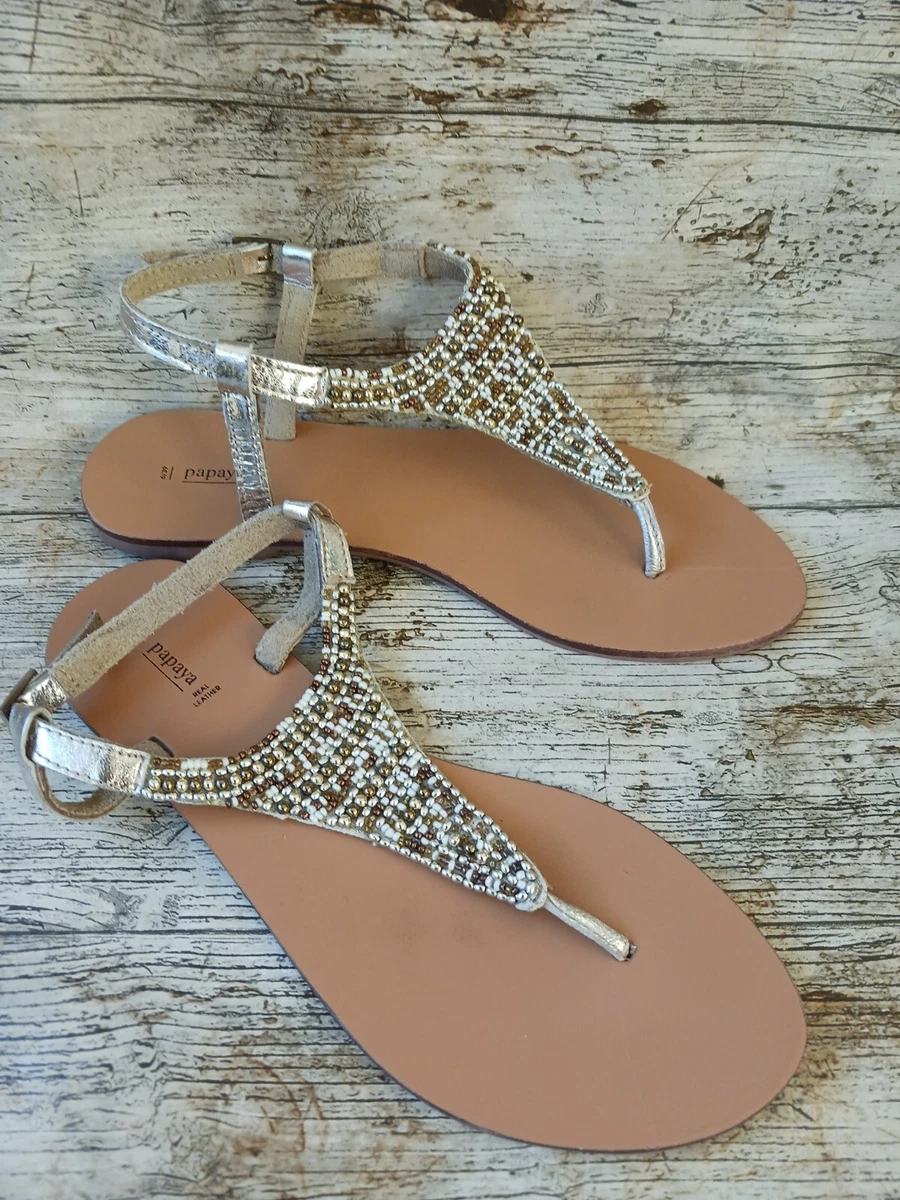Matalan Flat Leather Thong Sandals Size 6 Light Gold with Brown