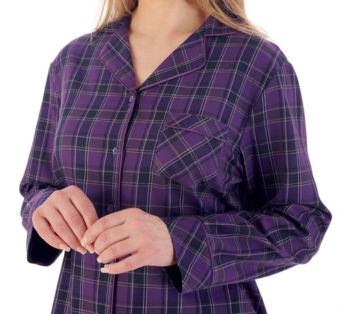 Slenderella Ladies Purple Check Cotton Pyjamas Button Up Top & PJ Bottoms Set - Picture 2 of 12