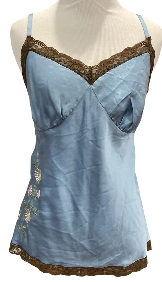 Y2K Cami Tank Top 1X Blue Silk Embroidered Flowers Fairy Lace Ethereal Whimsy - Image 3 of 4