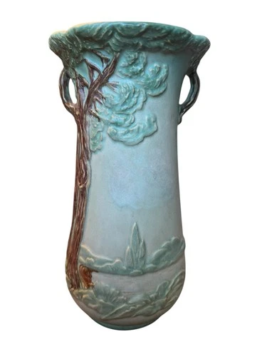 Weller Pottery Forest Vase 516 12” Trees Relief Turquoise Matte 1920s