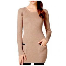 AGB Ribbed Long Sleeve Sweater Dress with Faux Leather Pockets Tan Size L