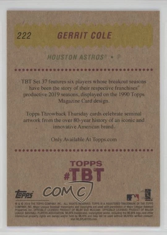 2019 Topps Throwback Thursday #TBT Online Exclusive /331 Gerrit Cole #222 - Image 2 of 2