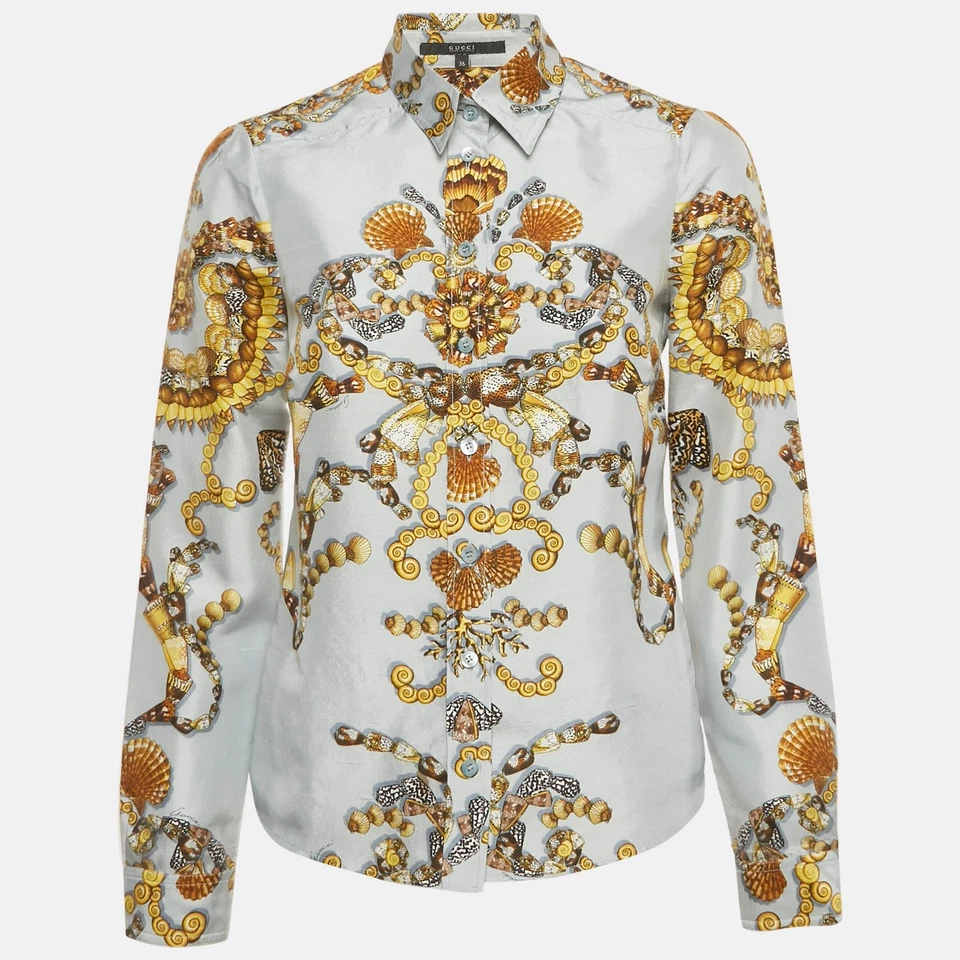 Camisa Gucci Azul Estampado Concha Seda Botón Frontal S