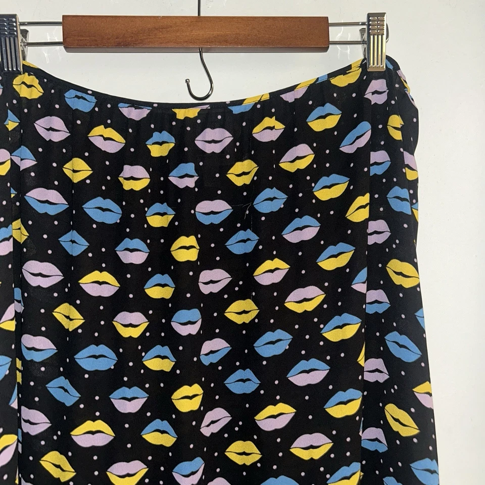 Falda midi Anna Sui negra multicolor con estampado de labios dobladillo retro arte talla XL Foto 3 de 4