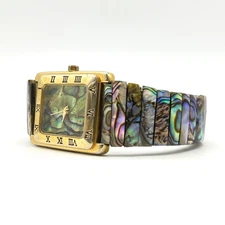Pierre Nicol Rectangular Mother of Pearl Dial Quartz Watch Gold Tone Abalone