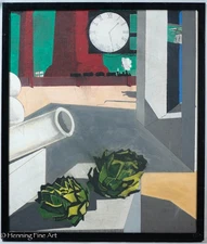 Beautiful Vintage Surrealist Oil Painting of Artichoke, Train, Ships and Clock