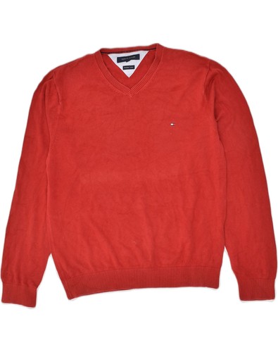 TOMMY HILFIGER Mens V-Neck Jumper Sweater XL Red Cotton BK12
