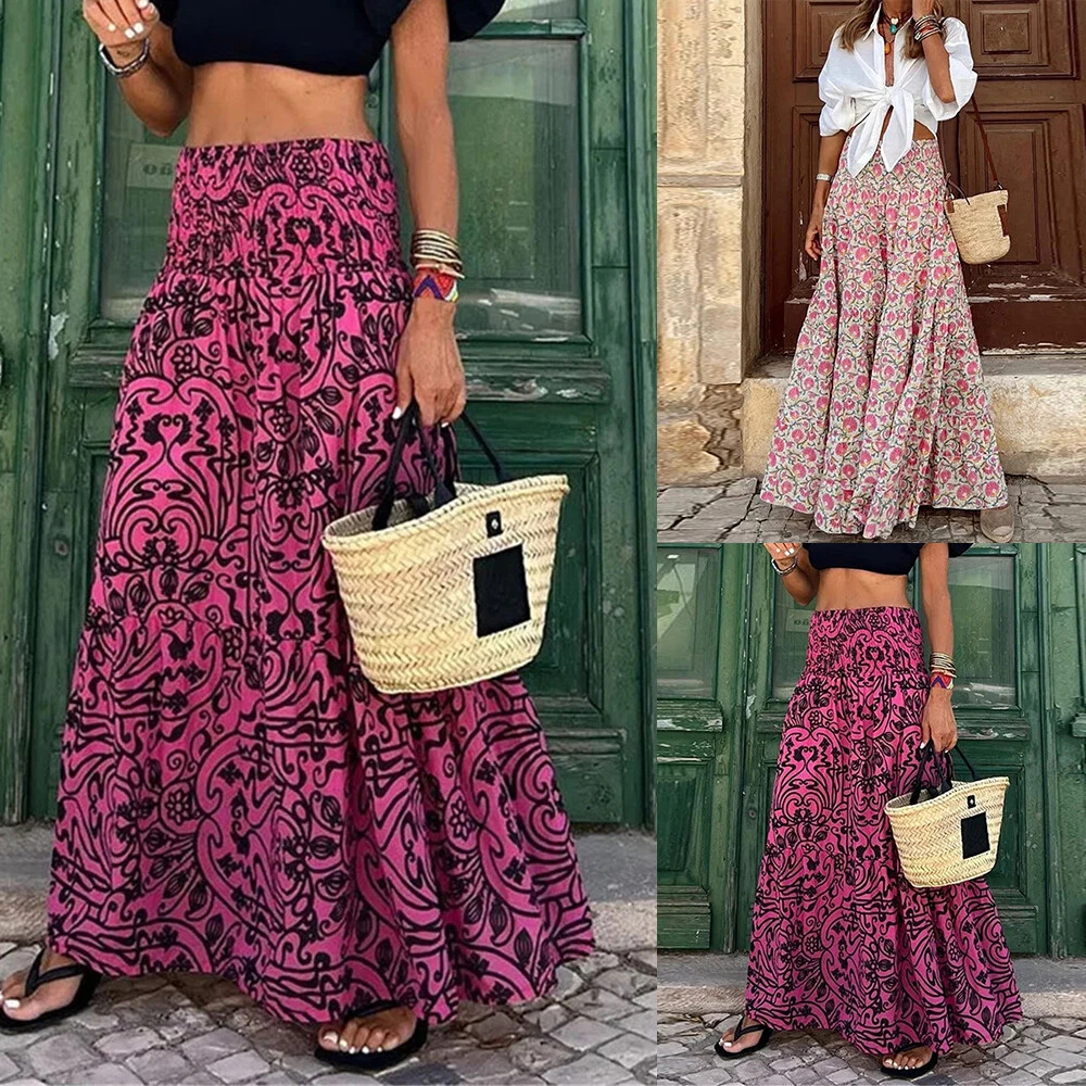 Womens Boho Floral Long Maxi Skirt Ladies High Waist Beach Swing Long Dress