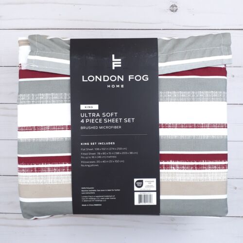 London Fog King Size Sheets 4 Piece Sheet Set Stripe Burgundy Taupe - Picture 3 of 3