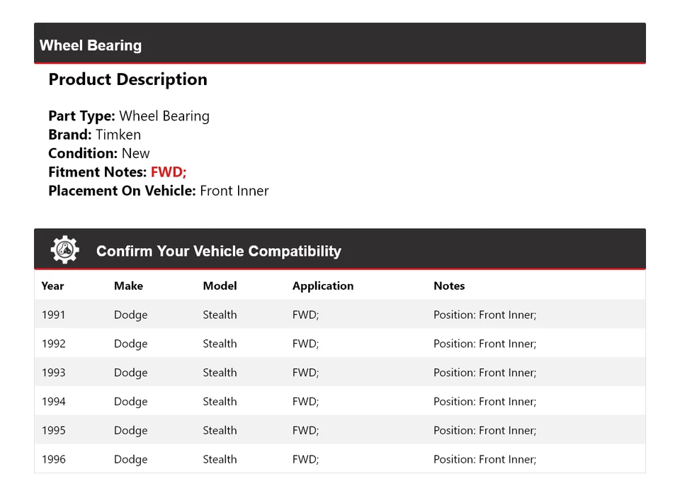 For 1991-1996 Dodge Stealth FWD Wheel Bearing Front Inner Timken 1992 1993 1994 - Image 2 of 4