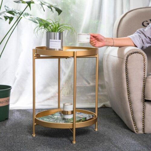 Iron 2Layer Small Tea Table Corners Round Coffee Table Mini Sofa Side Table - Picture 1 of 24