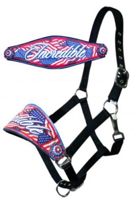 New Showman Leather bronc halter with ''Incredible Flag'' design Red, White, Blue!