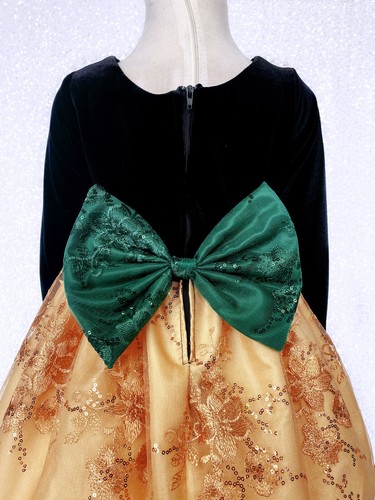 Gold Embroidery Long Sleeve Black Velvet Flower Girl Dress Chic 2 4 6 8 10 12 14 - Picture 8 of 18