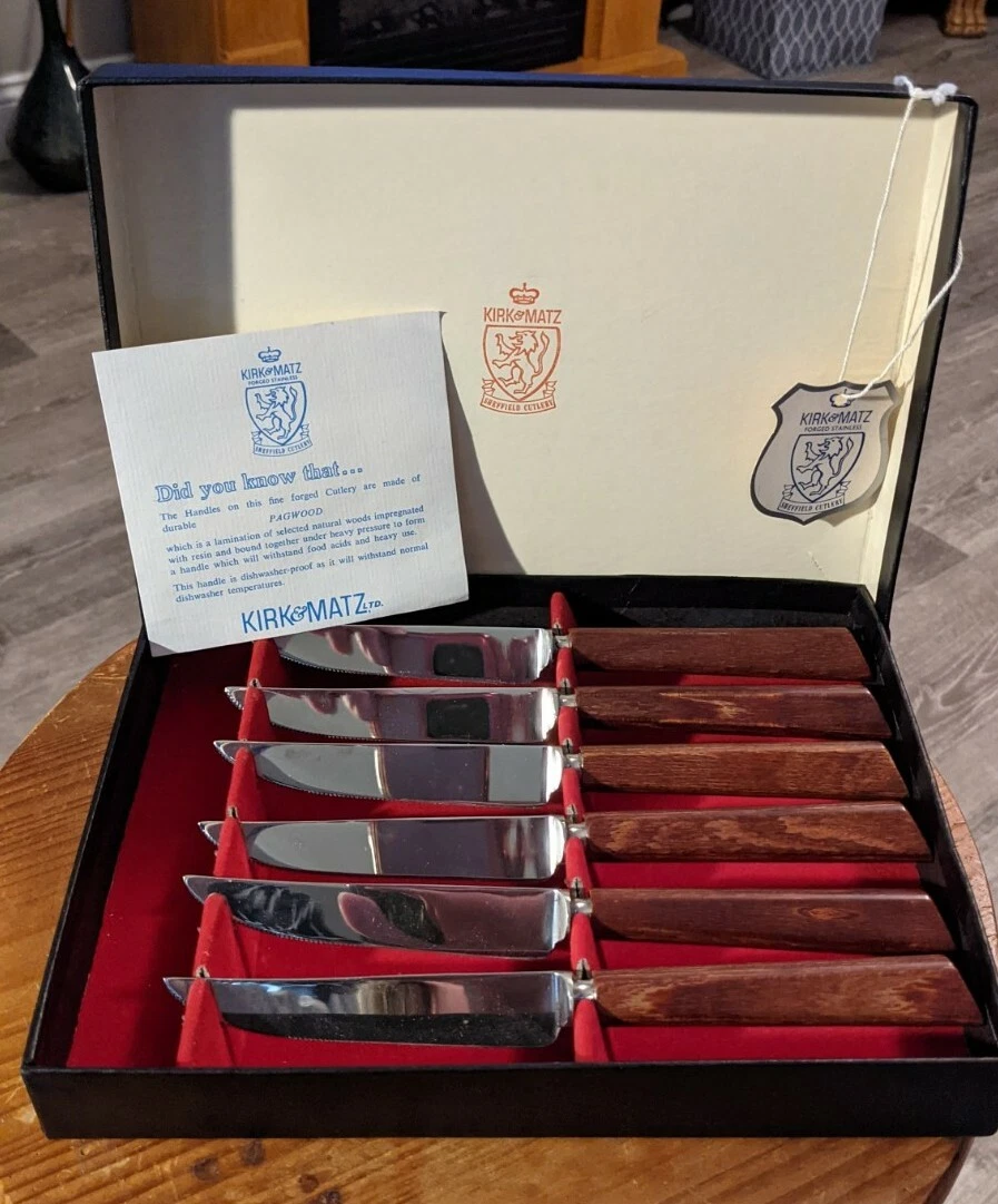 Vintage Set 6 Kirk & Matz Sheffield England Pagwood Handle Serrated Knives