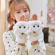 Women Girl Winter Fur Rabbit Mittens Fingerless Gloves Plush Warm Thick Gloves
