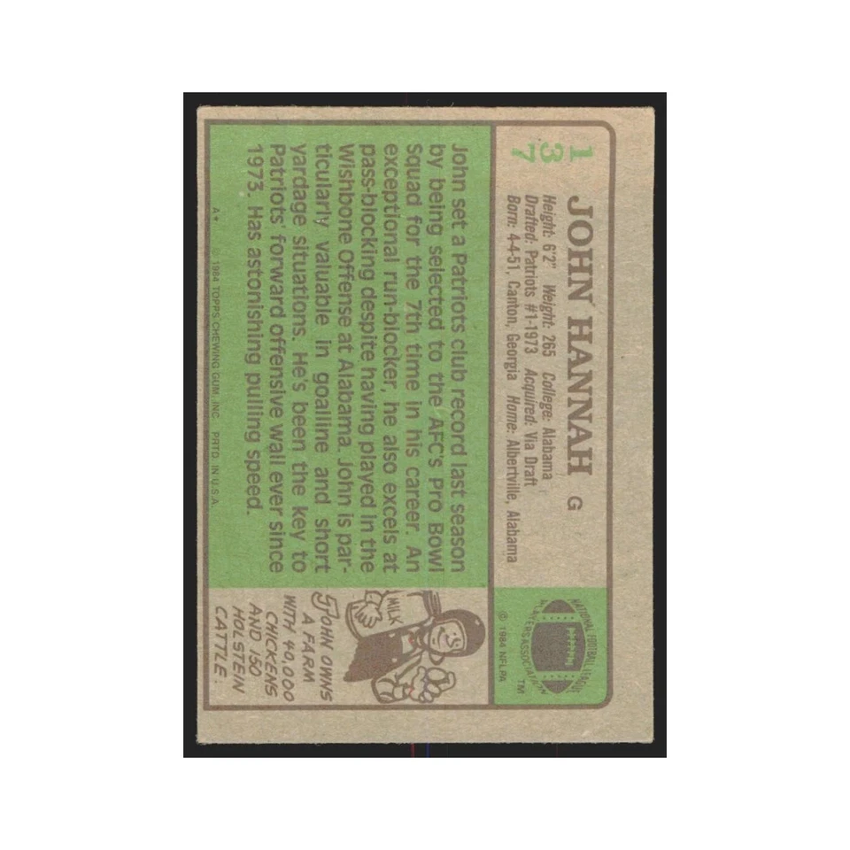 1984 Topps John Hannah Patriots #137 - Image 2 of 3